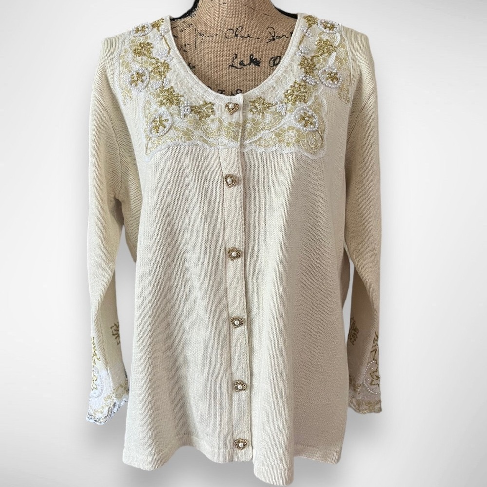 STORYBOOK KNITS Vintage Pearls Of Love Cream Sweater Large‎ | EUC